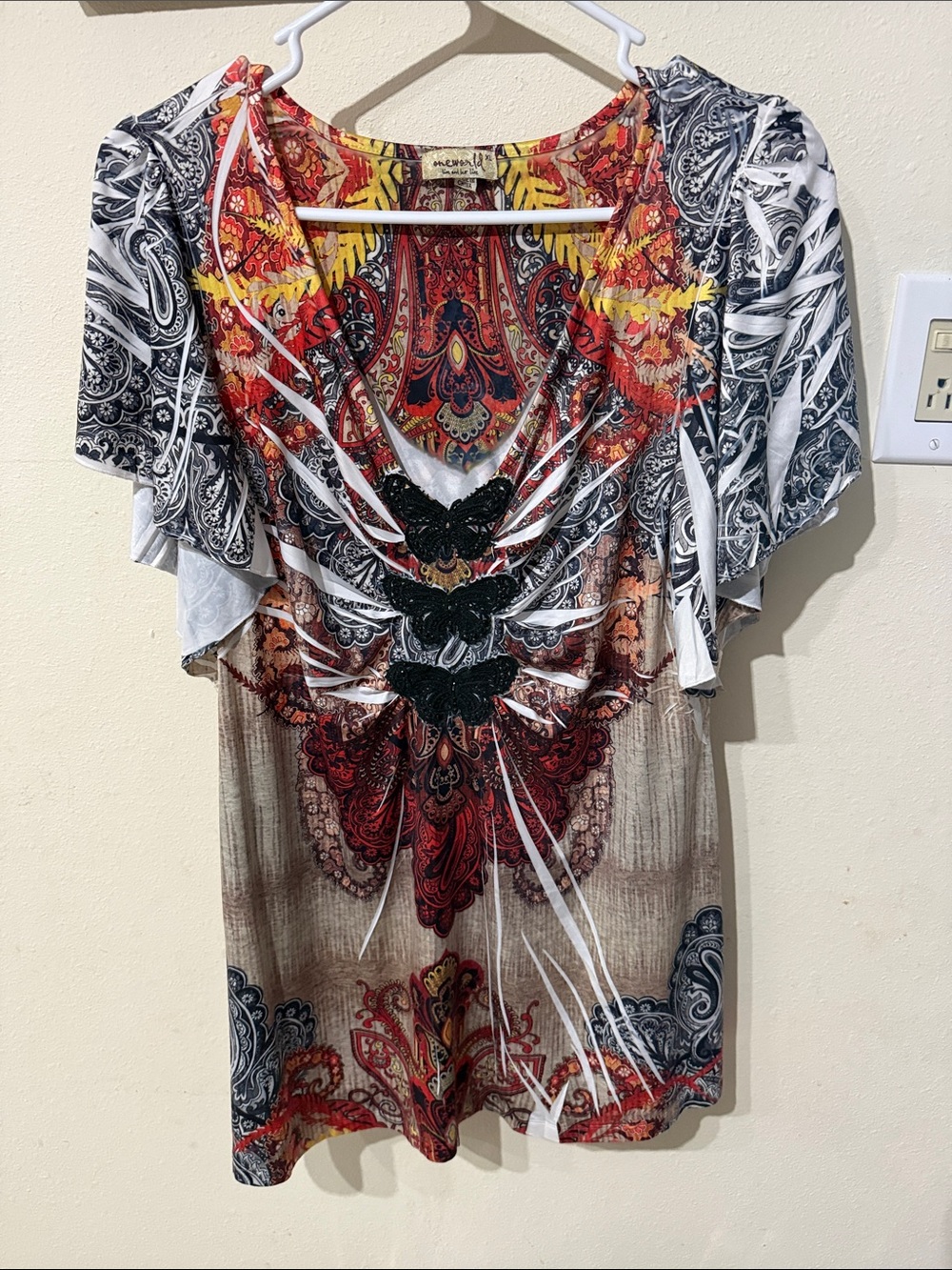 One World Boho Paisley Print Flutter Sleeve Top Butterfly- Multicolor